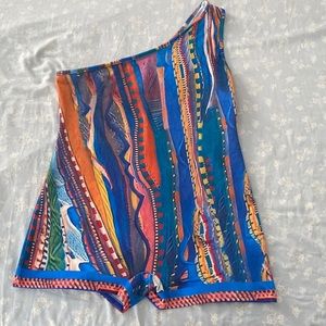 Blue asymmetrical neck all over Sleeveless Romper